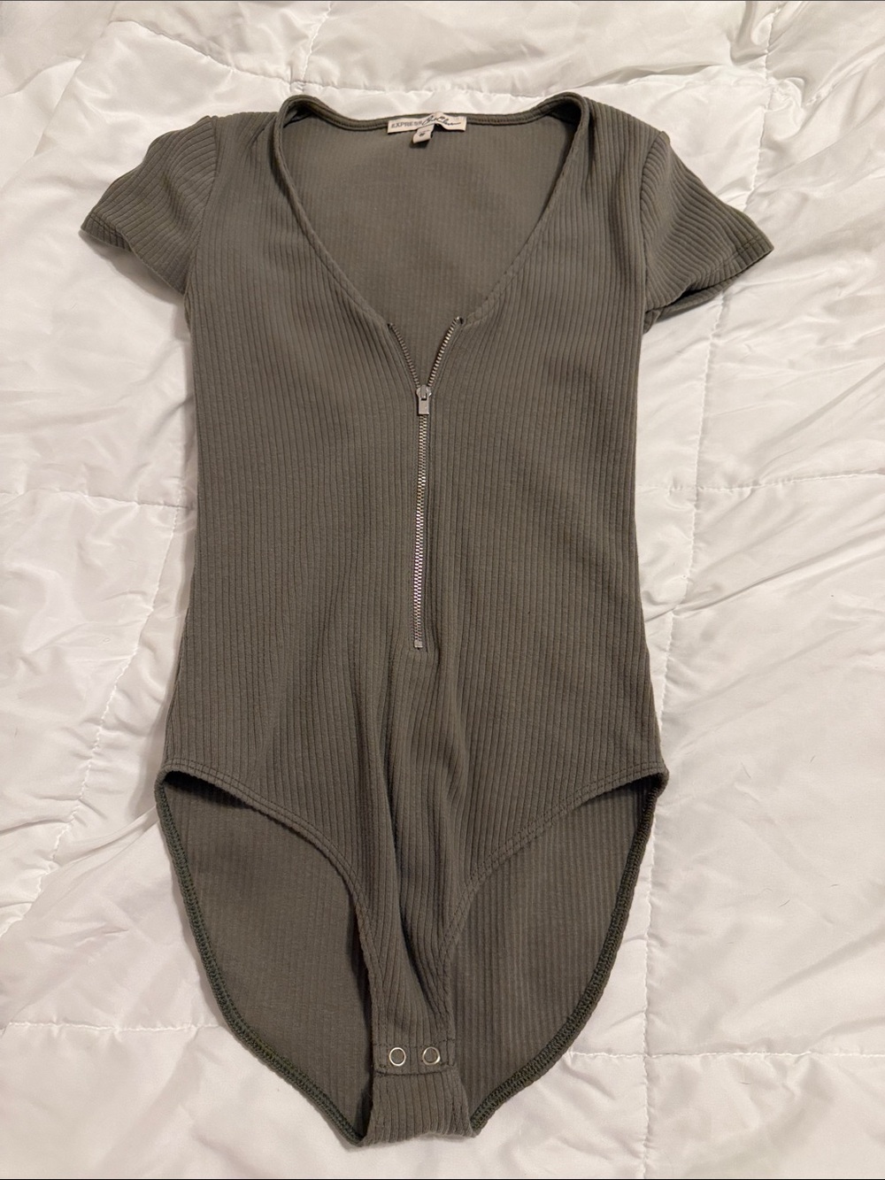 Express Ribbed Zip-Front Olive Green Bodysuit